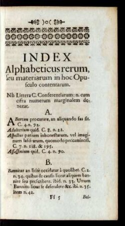Index Alphabeticus rerum, seu materiarum in hoc Opusculo contentarum