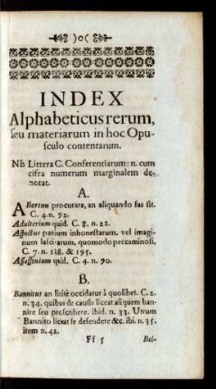 Index Alphabeticus rerum, seu materiarum in hoc Opusculo contentarum