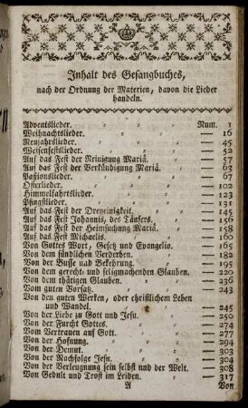 Inhalt des Gesangbuches, nach der Ordnung der Materien, davon die Lieder handeln
