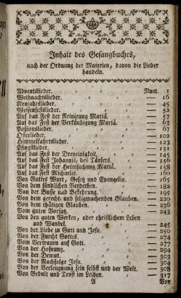 Inhalt des Gesangbuches, nach der Ordnung der Materien, davon die Lieder handeln