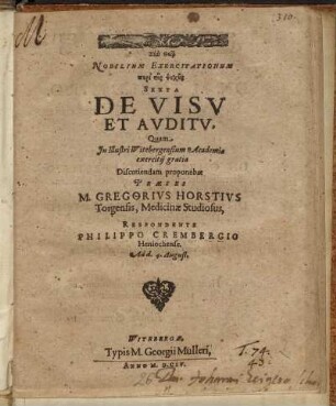 Nobilium Exercitationum peri tēs psychēs Sexta De Visu Et Auditu