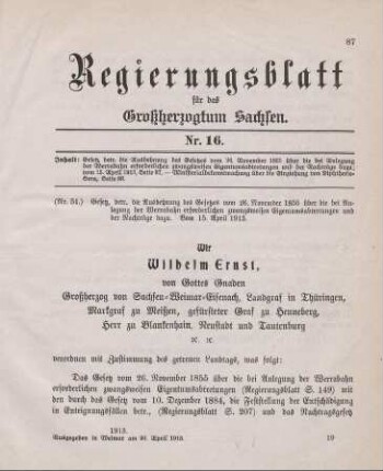 Nr. 51: Gesetz, betreffend die Ausdehnung des Gesetzes vom 26. November 1855 über die bei Anlegung der Werrabahn erforderlichen zwangsweisen Eigentumsabtretungen und der Nachträge dazu