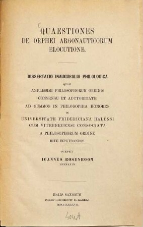 Quaestiones de Orphei Argonauticorum elocutione ...