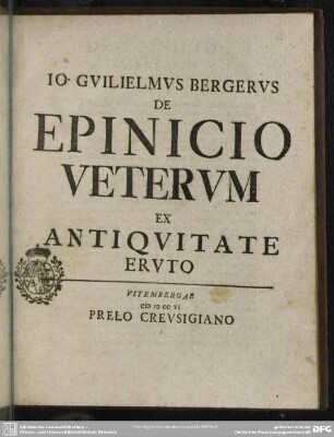 Jo. Guilielmus Bergerus De Epinicio Veterum Ex Antiquitate Eruto