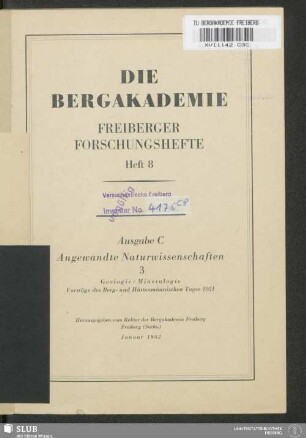 Vorträge des berg- und hüttenmännischen Tages 1951 : Geologie, Mineralogie