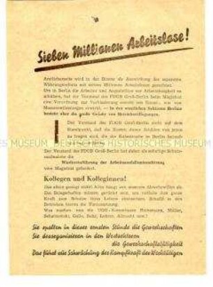 Propagandaflugblatt des FDGB Groß-Berlin mit scharfer Polemik gegen die "Spaltergewerkschaft" UGO in den Westsektoren