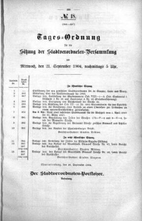 Tages-Ordnung, 21. September 1904