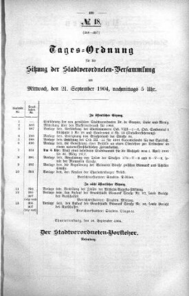 Tages-Ordnung, 21. September 1904