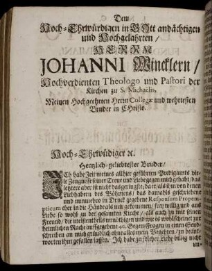 Dem Hoch-Ehrwürdigen in Gott andächtigen und Hochgelahrten / Herrn Johanni Wincklern ...