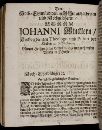 Dem Hoch-Ehrwürdigen in Gott andächtigen und Hochgelahrten / Herrn Johanni Wincklern ...
