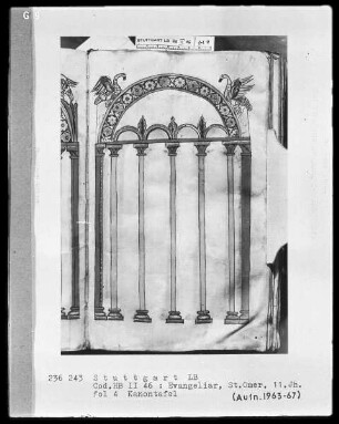 Evangeliar (unvollendet) — Kanontafel mit Wasservogelpaar, Folio 4recto