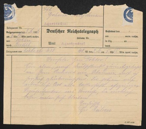 Brief von Hans von Hülsen an Gerhart Hauptmann