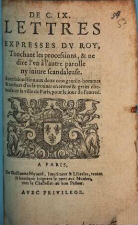 Lettres expresses du Roy, touchant les processions