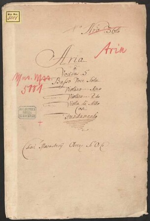 Didone abbandonata, Excerpts. Arr, B, strings, org - BSB Mus.ms. 5001 : [dust cover title:] Aria // a // Vocibus 5 // Basso Voce Sola // Violino 1mo // Violino 2do // Viola di Alto // Con // Fundamento