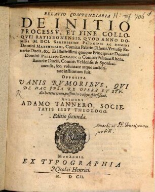 Relatio compendiaria de initio processu et fine Colloquii Ratisbonensis anno 1601 inst.