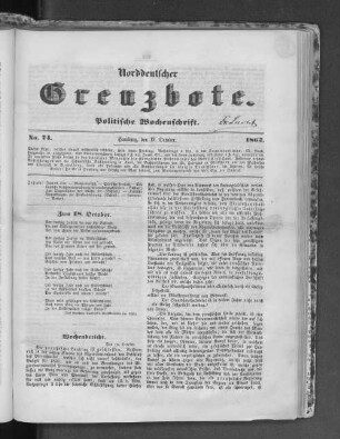 Norddeutscher Grenzbote. Politische Wochenschrift. No. 74 1862