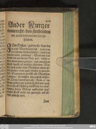 Ander Kurtzer unterricht/ den sterbenden an irem letzten ende fur zu halten.