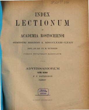 Index lectionum in Academia Rostochiensi ... publice privatimque habendarum, WS 1873/74