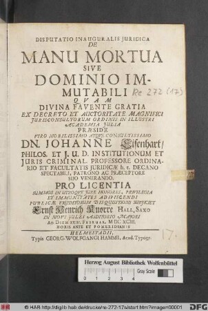 Disputatio Inauguralis Iuridica De Manu Mortua Sive Dominio Immutabili