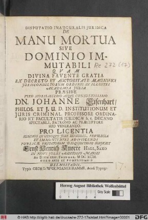 Disputatio Inauguralis Iuridica De Manu Mortua Sive Dominio Immutabili