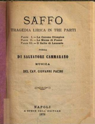 Saffo : tragedia lirica in tre parti