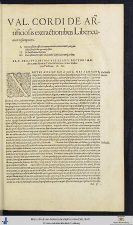 Valerii Cordi De Artificiosis extractionibus Liber.