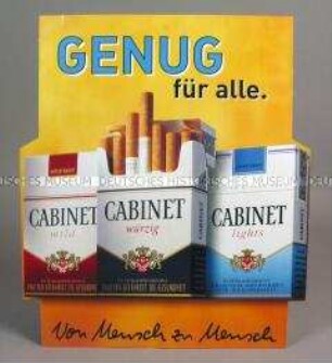 Werbeschild (beidseitig) mit Werbeaufdruck für "CABINET würzig"-, "CABINET mild"- und "CABINET lights"-Zigaretten, "GENUG für alle."