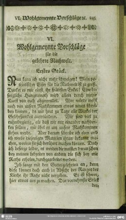 VI. Wohlgemeynte Vorschläge für die gelehrte Nachwelt. Erstes Stück