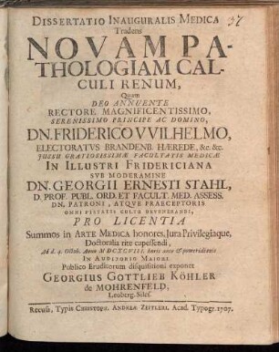 Dissertatio Inauguralis Medica Tradens Novam Pathologiam Calculi Renum