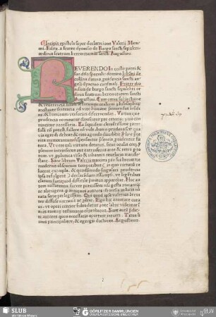 Incipit epiſtola super declaracione Valerii Maximi. Edita. a fratre dyonisio de Burgo sancti sepulcri. ordinis fratrum heremitarum sancti Auguſtini
