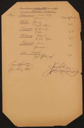 Liste "Im Monat März 1875 neu aufgenommene Hochstifts-Mitglieder"