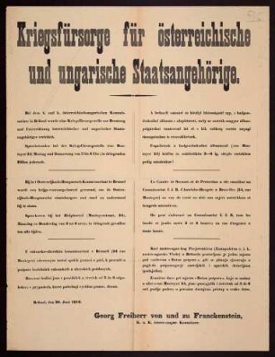 "Kriegsfürsorge für österreichische und ungarische Staatsangehörige." Einrichtung einer Kriegsfürsorgestelle.