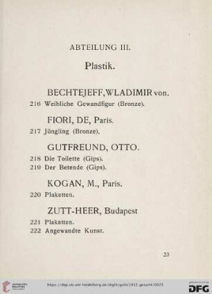 Abteilung III. Plastik (Nr. 216- 222)