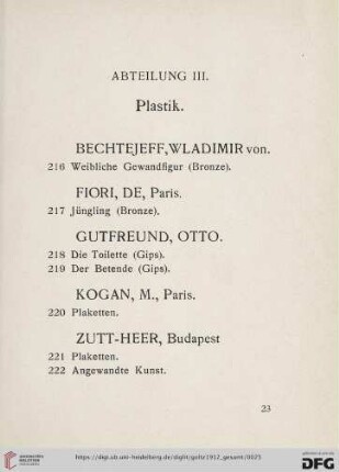 Abteilung III. Plastik (Nr. 216- 222)