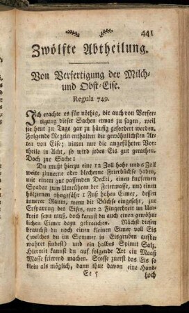 Zwölfte Abtheilung. Von Verfertigung der Milch- und Obst-Eise.