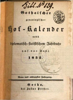 Gothaischer genealogischer Hofkalender nebst diplomatisch-statistischem Jahrbuch, 89. 1852