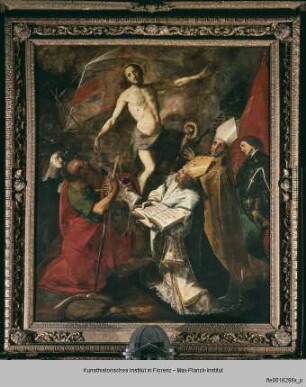 Die Auferstehung Christi mit der Heiligen Scholastica, dem Heiligen Paulus, dem Heiligen Ambrosius, dem Heiligen Karl Borromäus und dem Heiligen Viktor