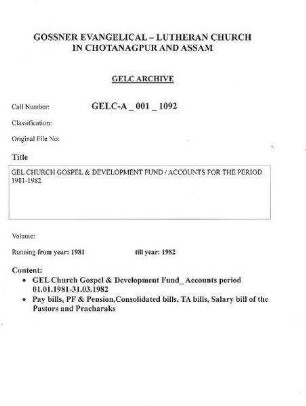 GEL CHURCH GOSPEL & DEVELOPMENT FUND ACCOUNTS FOR 1981-1982