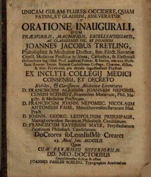 Unicam gulam plures occidere, quam fatum et gladium, asseveratur in oratione inaugurali