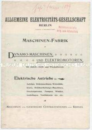 Dynamo-Maschinen und Elektromotoren für Gleich-, Dreh- und Wechselstrom. * Elektrische Antriebe für Aufzüge, Bohrmaschinen, Webstühle, Krane, Holzbearbeitungsmaschinen, Druckerpressen, Pumpen, Winden, Centrifugen, Ventilatoren etc. etc. * Maschinen und Elektrische Zentralstationen und Bahnen.