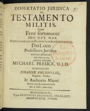 Dissertatio Iuridica De Testamento Militis