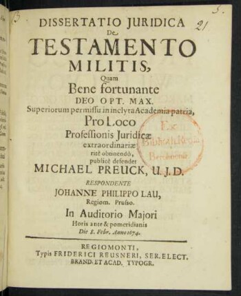 Dissertatio Iuridica De Testamento Militis