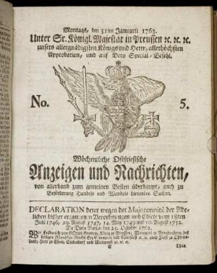 No. 5. Montags, den 31ten Januarii 1763.