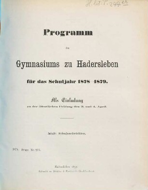 Programm des Gymnasiums zu Hadersleben : für das Schuljahr ... ; als Einladung zu der öffentlichen Prüfung ..., 1878/79