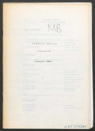 Umschlag: "Leibniz Kolleg. Tübingen. Studienjahr 1980/81"