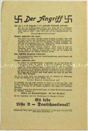 Flugblatt der Deutschnationalen Volkspartei zur preußischen Landtagswahl 1932