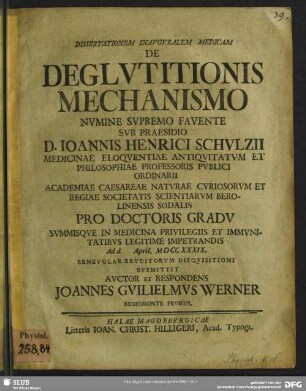 Dissertationem Inauguralem Medicam De Deglutitionis Mechanismo