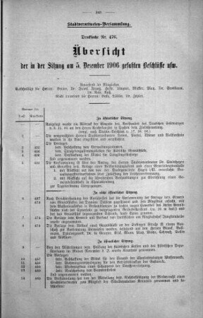 Übersicht der in der Sitzung am 5. Dezember 1906 gefaßten Beschlüsse usw. (476), 05. Dezember 1906