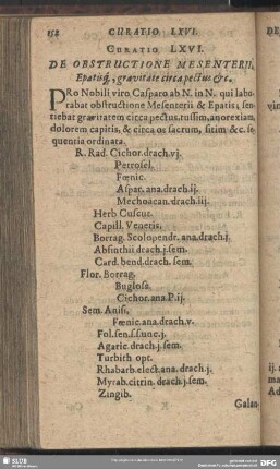 Curatio LXVI. [Curatio LXVIII.] De Obstructione Mesenterii, Epatisq[ue], gravitate circa pectus etc.