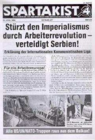 Extrablatt des "Spartakist" zum Kosovo-Krieg mit einer Erklärung der Internationalen Kommunistischen Liga
